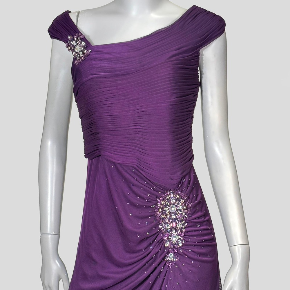 VTG Y2K Xscape Purple Ruched Rhinestone Evening Gown Dress Size 6 Off Shoulder
